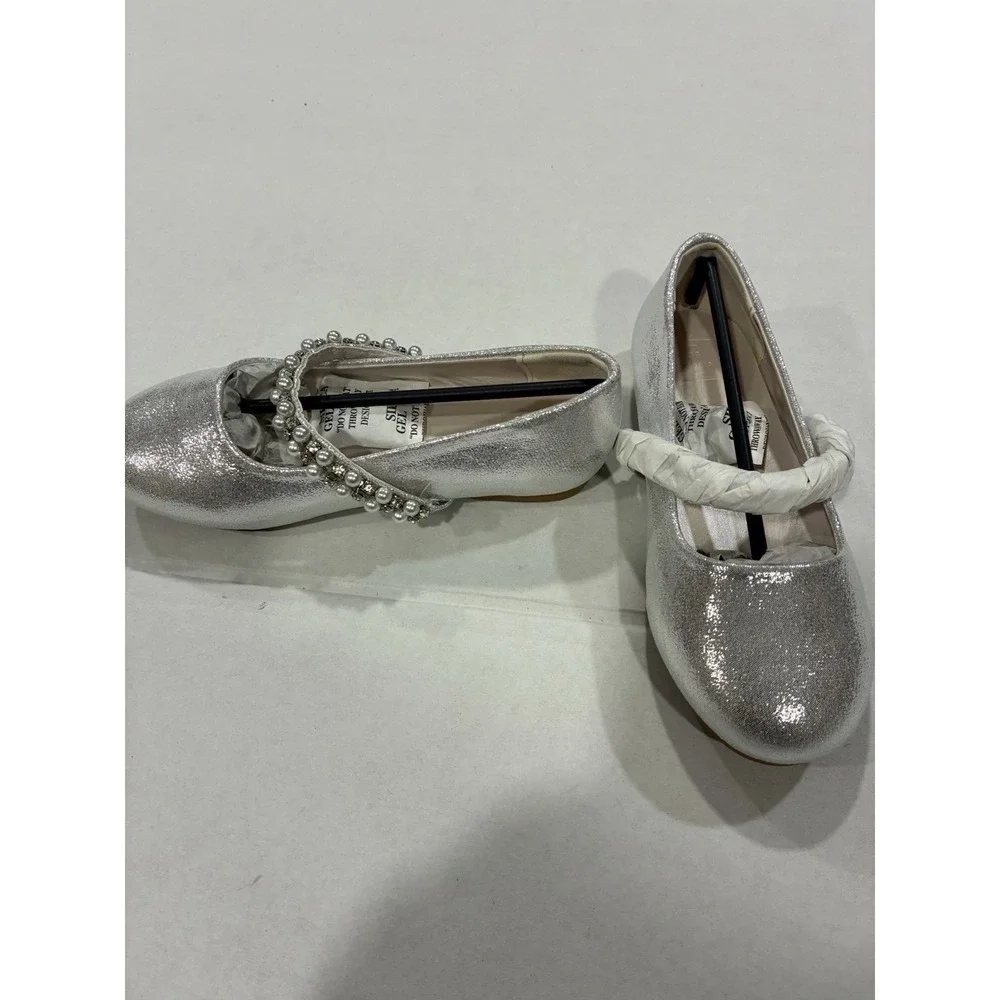 David B. Gold Glitter Iridescent Flower Bow Little Girls Dress Shoes US Size 11